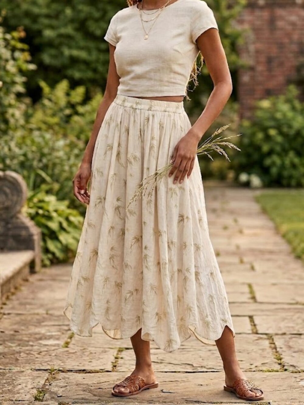Palm Fronds Elastic Waist Pull On Scalloped Hem Long Maxi Print Crepe Skirt